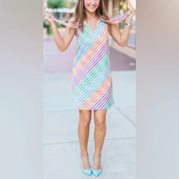 J. Crew Tie Bow Neck Mulitcolor Rainbow Gingham Print Shift Dress Size 6 S Small - Picture 4 of 11